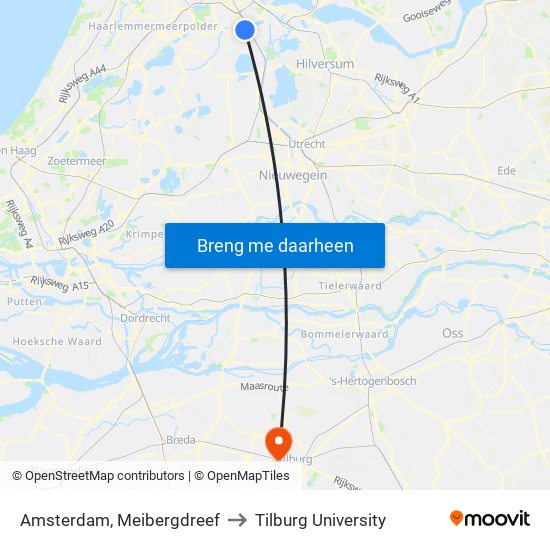 Amsterdam, Meibergdreef to Tilburg University map