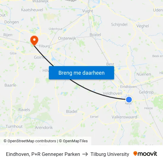 Eindhoven, P+R Genneper Parken to Tilburg University map