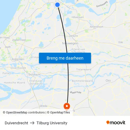 Duivendrecht to Tilburg University map