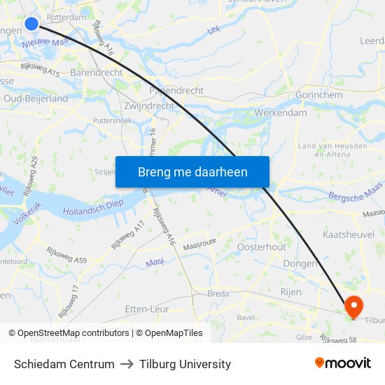 Schiedam Centrum to Tilburg University map