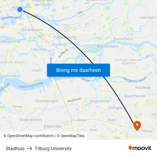 Stadhuis to Tilburg University map