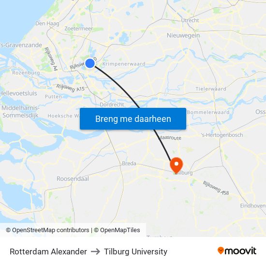 Rotterdam Alexander to Tilburg University map