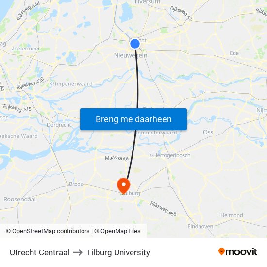 Utrecht Centraal to Tilburg University map