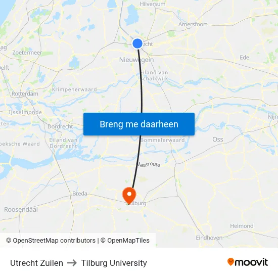 Utrecht Zuilen to Tilburg University map
