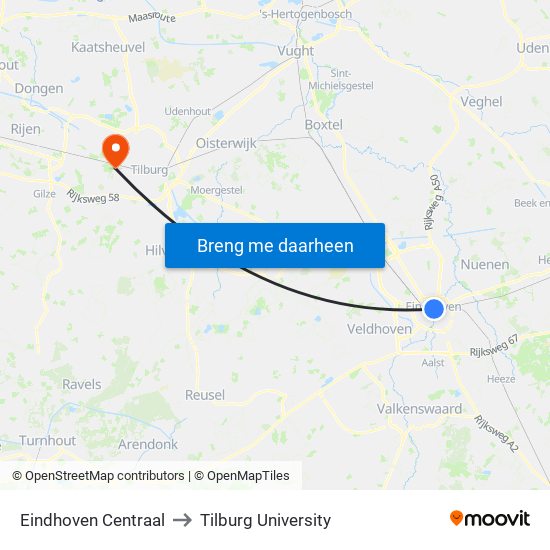 Eindhoven Centraal to Tilburg University map