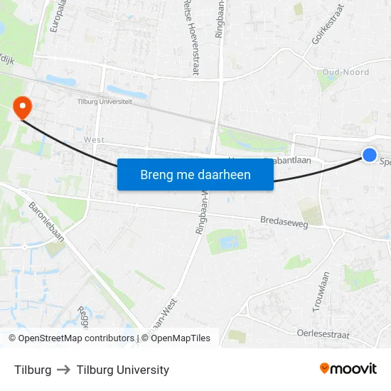 Tilburg to Tilburg University map