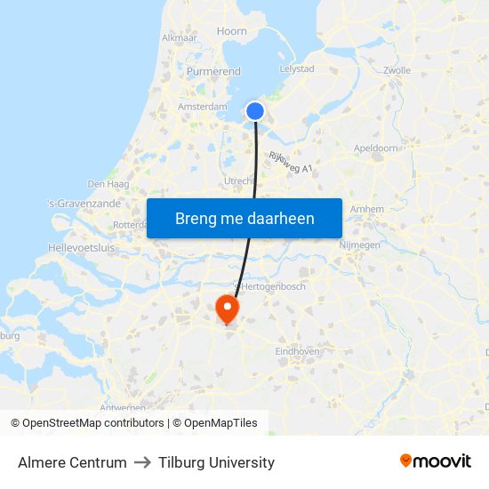 Almere Centrum to Tilburg University map