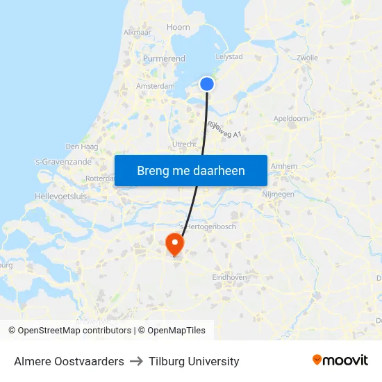 Almere Oostvaarders to Tilburg University map