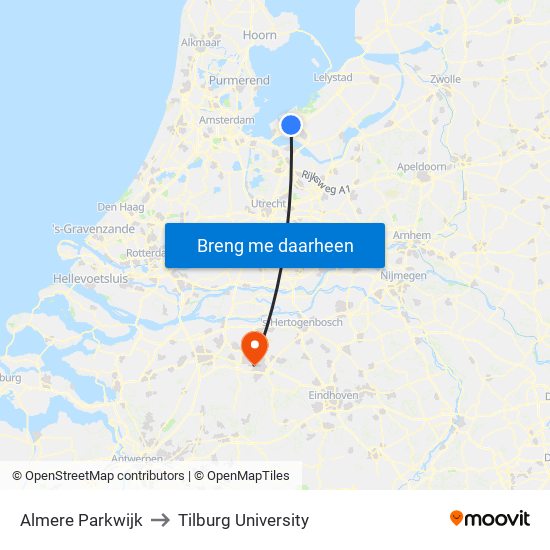 Almere Parkwijk to Tilburg University map