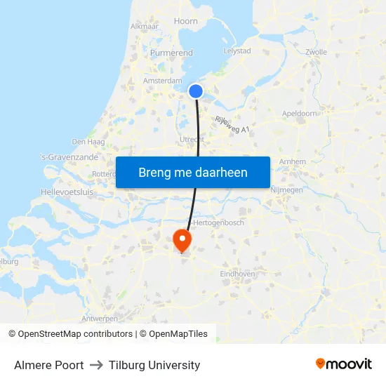 Almere Poort to Tilburg University map