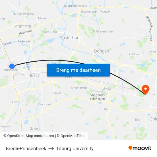 Breda-Prinsenbeek to Tilburg University map