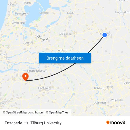 Enschede to Tilburg University map