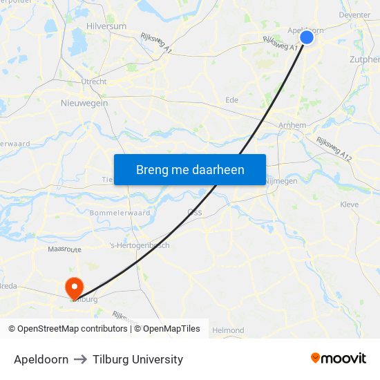 Apeldoorn to Tilburg University map