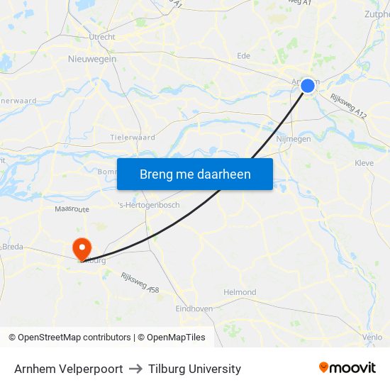 Arnhem Velperpoort to Tilburg University map