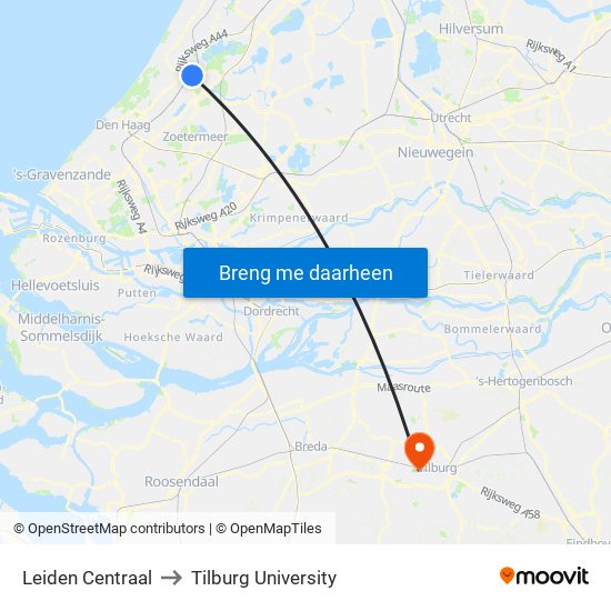 Leiden Centraal to Tilburg University map