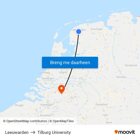 Leeuwarden to Tilburg University map