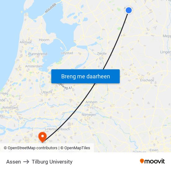 Assen to Tilburg University map