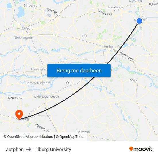 Zutphen to Tilburg University map