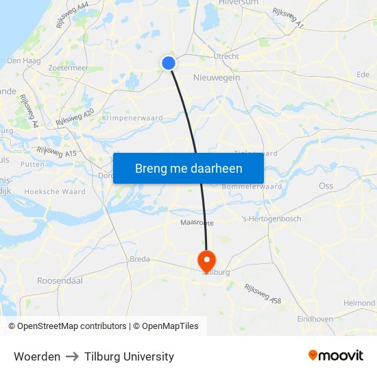 Woerden to Tilburg University map