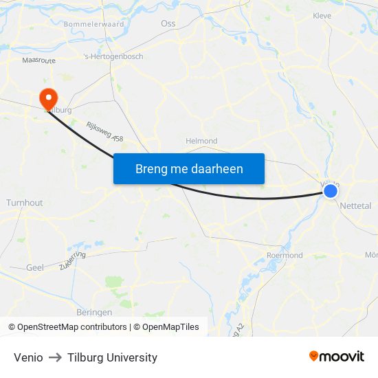 Venio to Tilburg University map