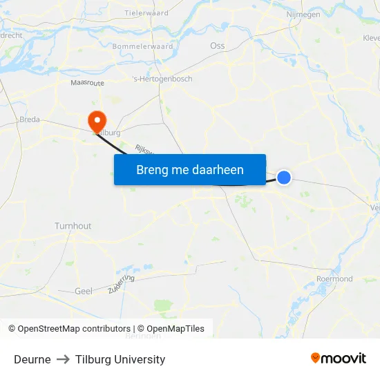 Deurne to Tilburg University map