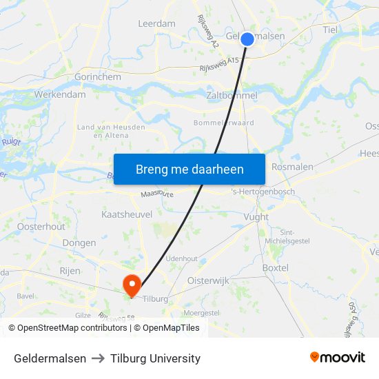 Geldermalsen to Tilburg University map