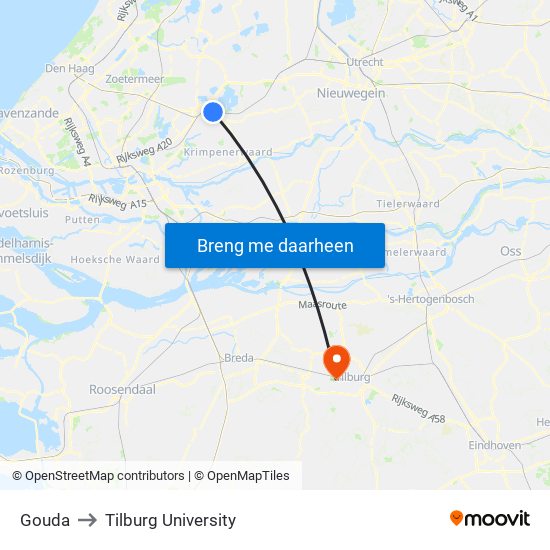 Gouda to Tilburg University map