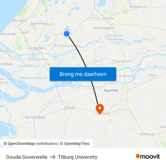 Gouda Goverwelle to Tilburg University map