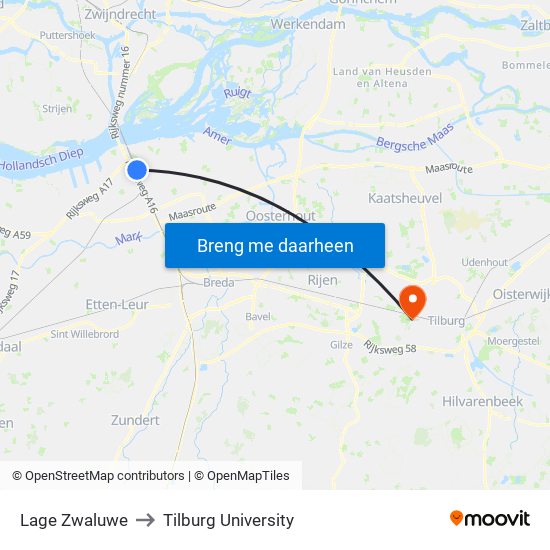 Lage Zwaluwe to Tilburg University map