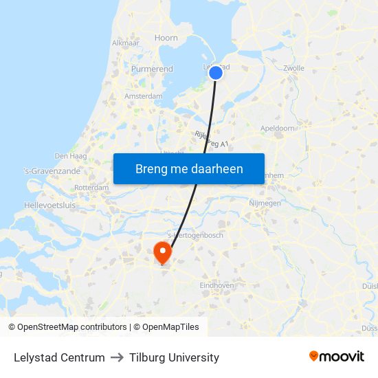 Lelystad Centrum to Tilburg University map