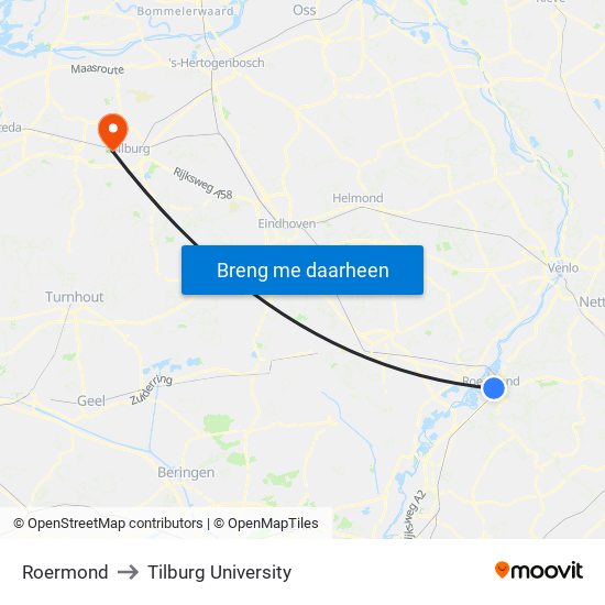 Roermond to Tilburg University map