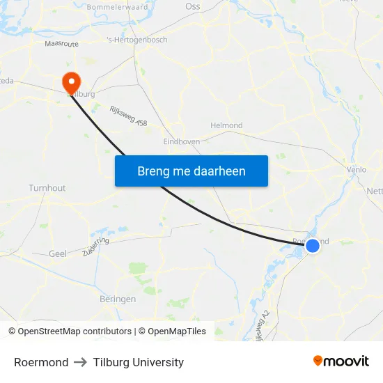 Roermond to Tilburg University map