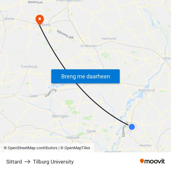 Sittard to Tilburg University map