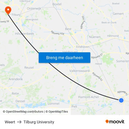 Weert to Tilburg University map