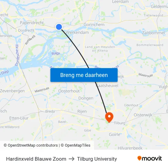 Hardinxveld Blauwe Zoom to Tilburg University map