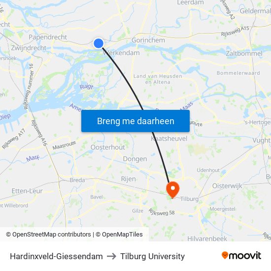 Hardinxveld-Giessendam to Tilburg University map