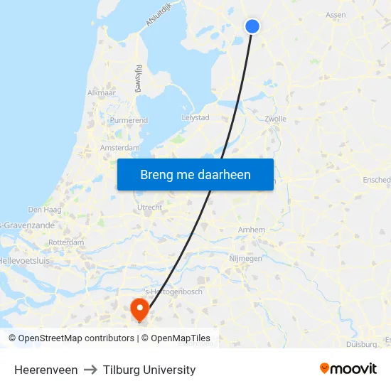 Heerenveen to Tilburg University map