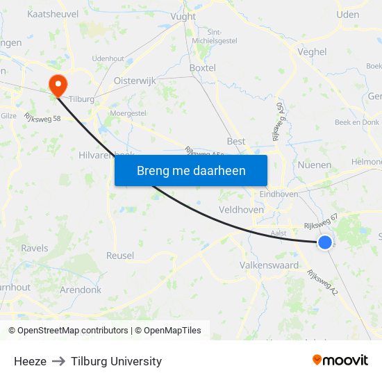 Heeze to Tilburg University map
