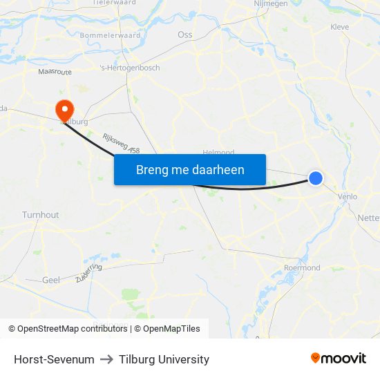 Horst-Sevenum to Tilburg University map