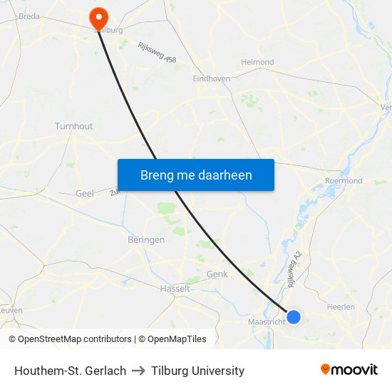 Houthem-St. Gerlach to Tilburg University map