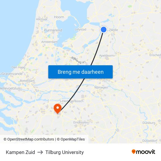 Kampen Zuid to Tilburg University map