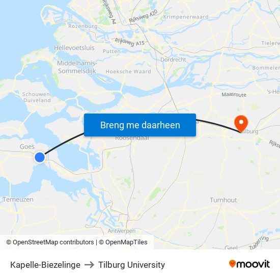 Kapelle-Biezelinge to Tilburg University map