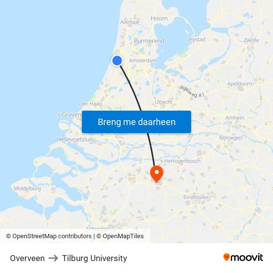 Overveen to Tilburg University map
