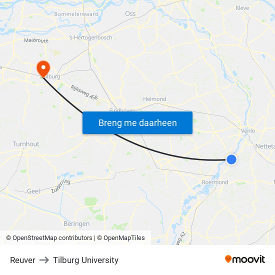 Reuver to Tilburg University map