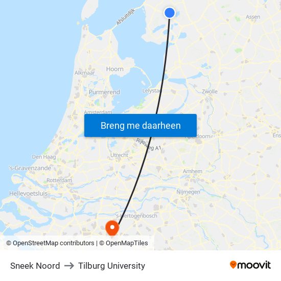 Sneek Noord to Tilburg University map