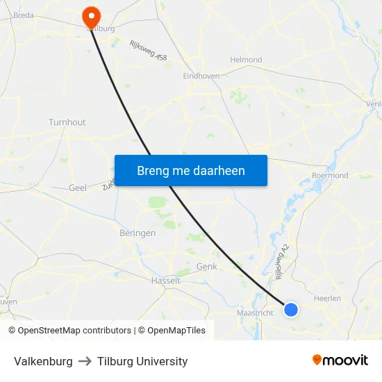 Valkenburg to Tilburg University map
