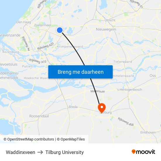 Waddinxveen to Tilburg University map