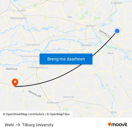 Wehl to Tilburg University map