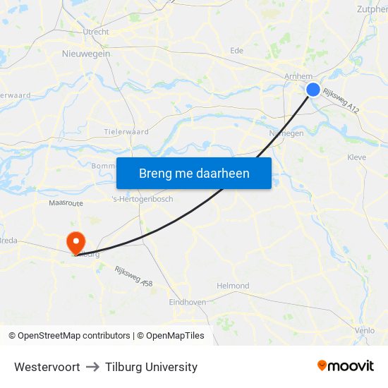 Westervoort to Tilburg University map
