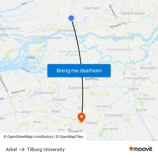 Arkel to Tilburg University map